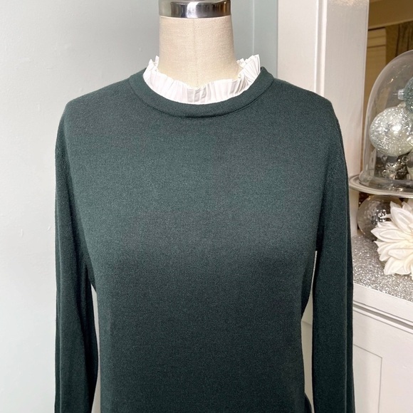 Vila Milano Layered Look Wool Sweater w Pleated Blouse Dark Green White Large - Picture 4 of 11
